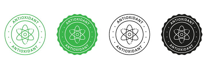 Natural Antioxidant Stamps Set. Healthy Organic Natural Products Green and Black Labels. Antioxidant Molecular Cell Logo. Antioxidant Detox Symbol. Isolated Vector Illustration.