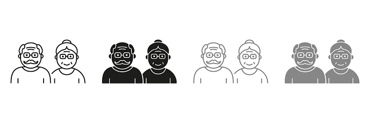 Couple of Old Senior Person Silhouette and Line Icon Color Set. Happy Elder Grandparents Pictogram. Old Grandfather and Grandmother Symbol Collection on White Background. Isolated Vector Illustration.