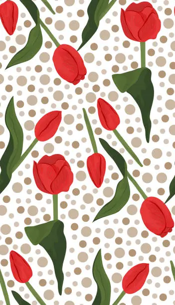 Vector illustration of Vintage seamless pattern of red tulip flowers and brown circles on white background. Spring flowers textile.