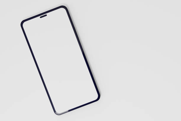 istock Smartphone with blank screen on white table mockup, flat lay, top view, product modern concept. 1472539771