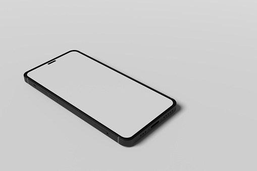 Black Smartphone with blank screen on white background mockup, product design concept. 3d rendering