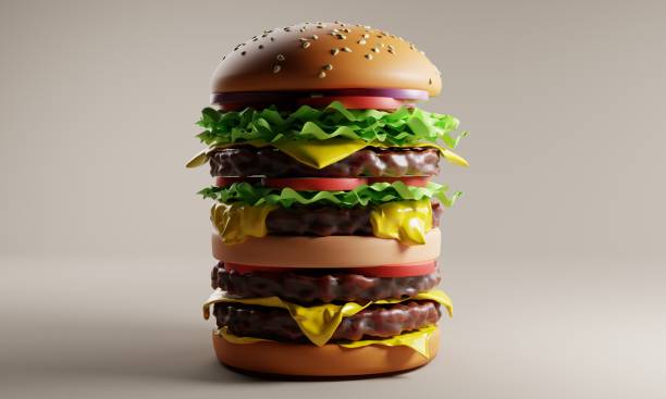 istock Large burger illustration with cheese, tomato and salad on beige background. 3d rendering 1472539821
