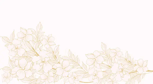 Vector illustration of Floral background, Floral composition, floral background with tender flowers and branches of buds. Hand drawing. For stylized decor, invitations, postcards, posters, cards, backgrounds, as clipart