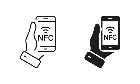 NFC Technology in Mobile Phone Line and Silhouette Icon Set. Hand Hold Smartphone Contactless Payment for Pictogram. Pay Wave Symbol Collection on White Background. Isolated Vector Illustration.