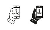 NFC Technology in Mobile Phone Line and Silhouette Icon Set. Hand Hold Smartphone Contactless Payment for Pictogram. Pay Wave Symbol Collection on White Background. Isolated Vector Illustration