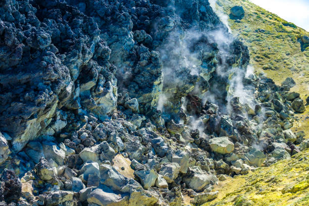 Bizarre rock formation at volcanic landscape of Mount Etna with black lava and yellow grass on a cloudy winter day, Catania, Sicily, Italy