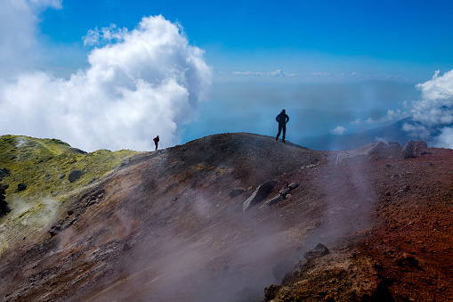 Tourists In active volcano crater (volcanic vent) Kamchatka
