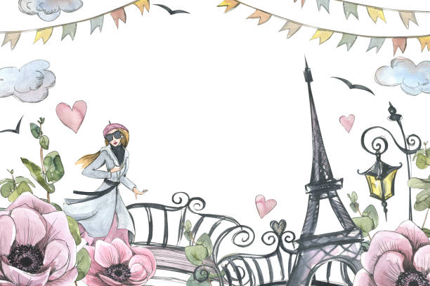 ilustrações de stock, clip art, desenhos animados e ícones de eiffel tower with girl, lantern, bridge and flowers. watercolor illustration in sketch style with graphic elements. template from the paris collection. for registration and design of postcards - eiffel tower paris france france tower