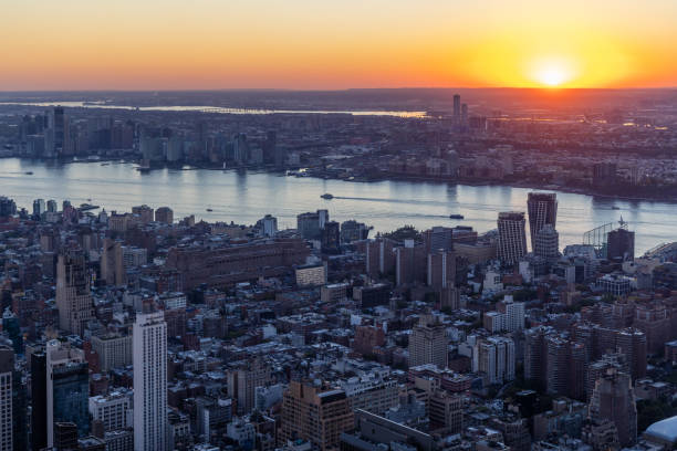 New York City skyline. Manhattan sunset skyscrapers panorama