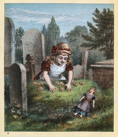 Vintage illustration Little girl placing flowers on a child's grave in a cemetery, Victorian children's art, 19th Century