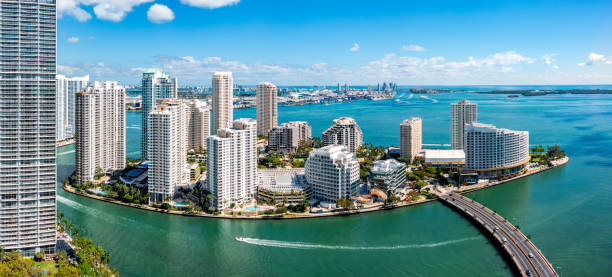 Aerial panorama of Brickell Key in Miami, Florida stock photo