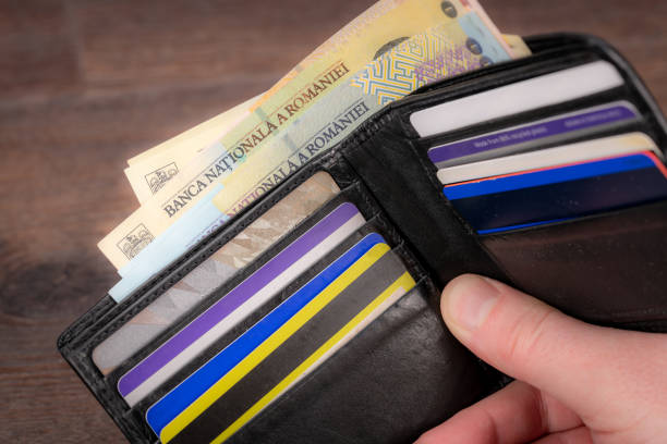 Romanian Currency Leu with black leather wallet