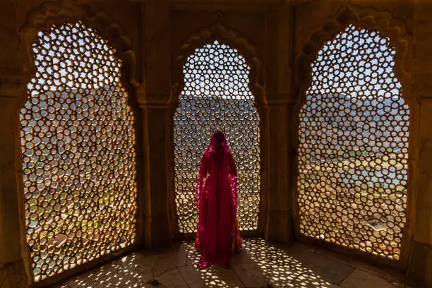 Young Indian woman, wearing sari, looking through the window, Rajasthan, India