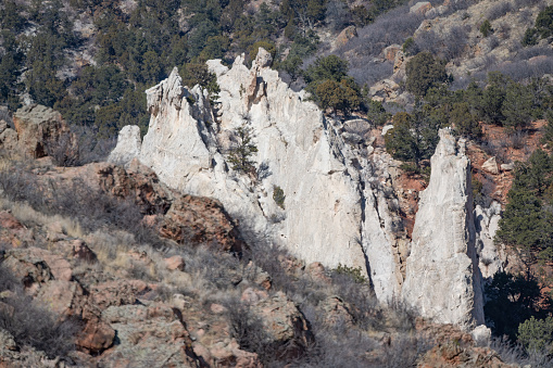 Massive white Morrison period sandstone formations in the Garden of the Gods in Colorado Springs, Colorado, western USA of North America