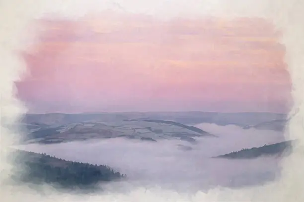 Vector illustration of Digital watercolour painting of a Bamford Edge sunrise cloud inversion in the Peak District, UK.