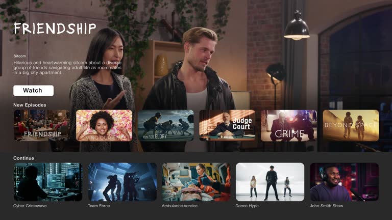 Interface of Streaming Service Website. Online Subscription Offers TV Shows, Realities, and Fiction Films. Screen Replacement for Desktop PC and Laptops With Featured Sitcom Comedy Television Show.