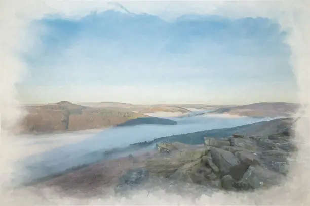 Vector illustration of Digital watercolour painting of a Bamford Edge sunrise cloud inversion in the Peak District, UK.