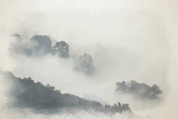 Vector illustration of A Bamford Edge digital watercolour painting of trees and mist in the Peak District, UK.