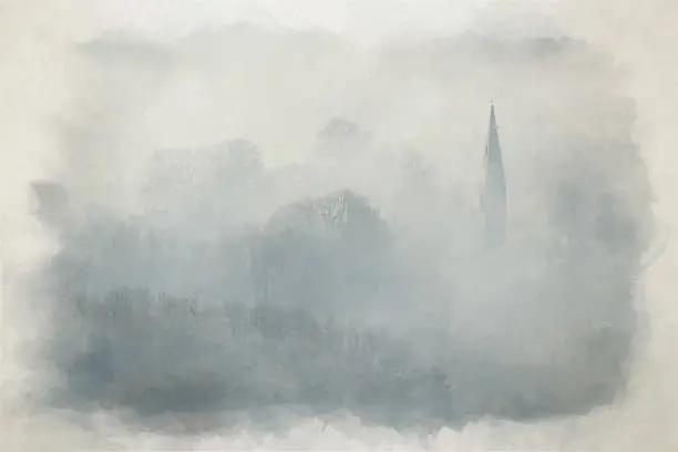 Vector illustration of A Bamford Edge digital watercolour painting of trees and mist in the Peak District, UK.