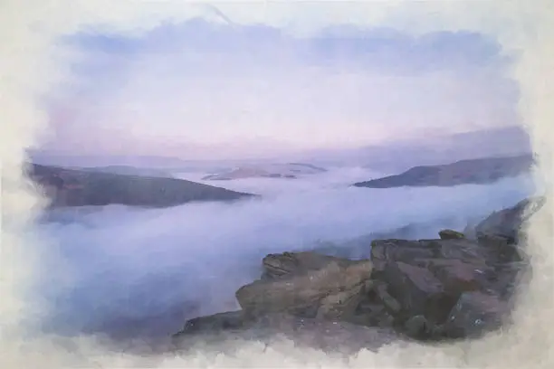 Vector illustration of Digital watercolour painting of a Bamford Edge sunrise cloud inversion in the Peak District, UK.