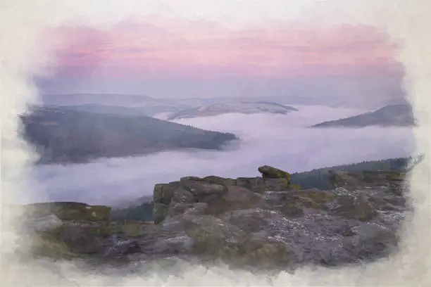 Vector illustration of Digital watercolour painting of a Bamford Edge sunrise cloud inversion in the Peak District, UK.