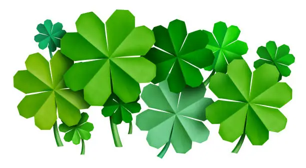 Saint Patrick Decorative Clover St Patrick's Day Festive green four leaf clovers as a lucky March celebration of Irish origin as origami as a Holiday graphic element.