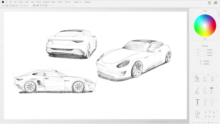 Light Interface Mockup of Professional Illustration Computer Software With Sketch Design of Modern Sports Car. Zoom In On Vehicle Drawing to Add Finishing Lines. Electric Vehicle Production Process.