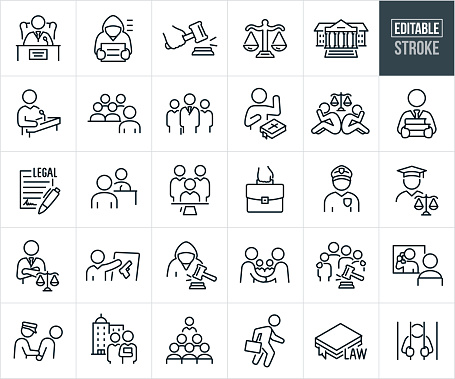 A set of law, lawyers, court and justice icons that include editable strokes or outlines using the EPS vector file. The icons include a judge seated on stand in a courtroom, criminal in a lineup, judges hand striking a gavel, scales of justice, courthouse building, attorney speaking at podium, lawyer speaking to a jury, team of attorneys, person with hand on heart and arm raised to the square taking an oath, couple at divorce court, lawyer holding law books, legal document, attorney questioning a witness on the stand, lawyers signing a legal document, hand holding a briefcase, law student graduating from law school, lawyer with arms folded and the scales of justice, attorney presenting evidence in a courtroom, criminal being sentenced, lawyers shaking hands, family in court, criminal in prison, criminal talking on phone behind glass, police officer, police officer handcuffing a person, attorney walking with briefcase and a law book.