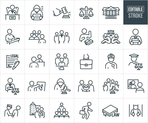 Vector illustration of Law, Lawyers, Court And Justice Thin Line Icons - Editable Stroke