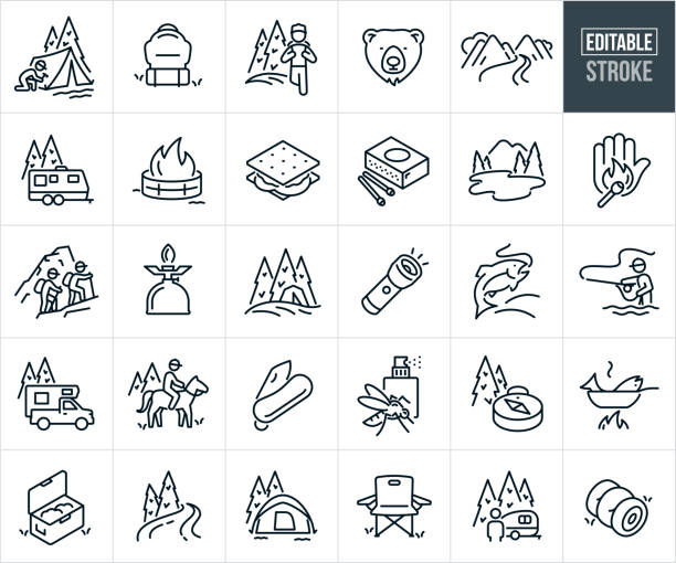 Camping, Fishing And Outdoor Recreation Thin Line Icons - Editable Stroke A set of camping, fishing and outdoor recreation icons that include editable strokes or outlines using the EPS vector file. The icons include a camper setting up a tent outdoors, backpack sitting on the ground outside, hiker in mountains taking a hike, bear, river and mountains scene, camp trailer in mountains, fire in fire pit, s'more, box of matches, lake in the mountains, wildfire prevention, two people hiking up mountain, camp stove, tent on mountain with pine trees in the background, flashlight shining, fish being caught, fly fisherman fishing, motorhome in the mountains, person riding a horse in the backcountry, pocketknife, mosquito repellant, compass, fish fry, cooler, dome tent, camp chair, sleeping bag wilderness area stock illustrations