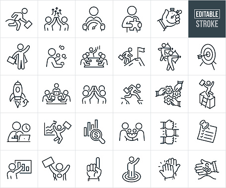 A set of business efficiency and productivity icons that include editable strokes or outlines using the EPS vector file. The icons include a businessman breaking finishers tape while carrying briefcase, two business people arms up and arrow pointing upward, business person holding a goal meter, businessman holding a jigsaw puzzle pice, business hand holding a stopwatch, businessman being a superhero by wearing a cape holding a briefcase, business person juggling, business person giving a presentation in a boardroom, businessman hiking up mountain to flagpole at top, two business people shooting arrows, arrow in bullseye of target, rocket-ship blasting off, three business people at table working on laptops, four business people giving each other a high five, business person holding a briefcase jumping from one cliff to another, business hands holding cogs together, business person on top of wall after overcoming obstacle, businessman working on laptop drinking coffee, upwards bar graph, business person achieving success, business people shaking hands, business hands stacked, sticky note with checklist, business person giving sales presentation, superhero businessman with cape and arms raised holding a briefcase, business hand holding up number one finger, business person standing in bullseye of target with arm raised, two hands giving one another a high-five, and a business hand sheltering a money plant.