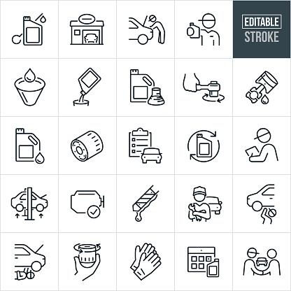 A set of automotive oil change icons that include editable strokes or outlines using the EPS vector file. The icons include a quart of oil and dipstick, car in oil station getting and oil change, mechanic under hood of car to change oil, oil service tech holding a quart of oil, oil funnel, oil being poured into a funnel, plastic container of oil, synthetic oil, synthetic, hand turning wrench, engine piston, oil filter, engine oil checklist, oil change, mechanic checking oil, car lift, car engine, oil dripping off dipstick, hand installing oil filter, rubber gloves and other related icons.