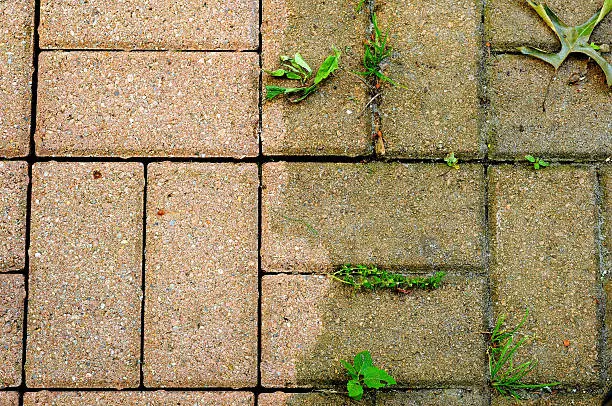 Stark contrast between power-washed and untouched bricks on a patio