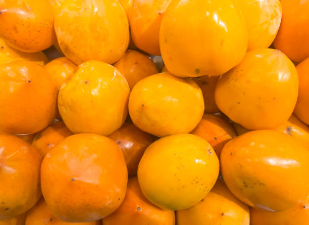 istock Persimmon fruit isolated texture background. Orange fresh ripe persimmon. Set of persimmons. 1472567865
