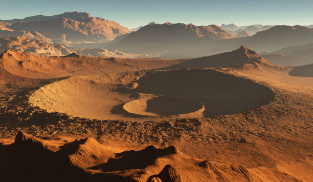 Sunset on Mars. Martian landscape, impact craters on Mars. 3D illustration