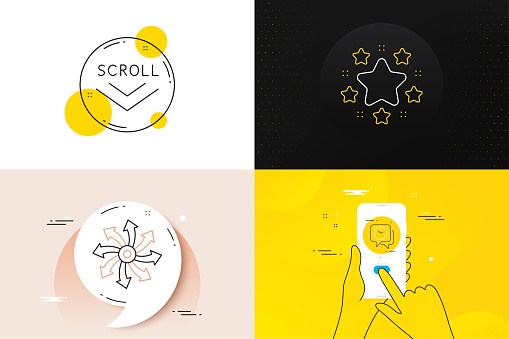 Minimal set of Scroll down, Stars and Clock line icons. Phone screen, Quote banners. Versatile icons. For web development. Swipe screen, Twinkle stars, Time. Multifunction. Vector