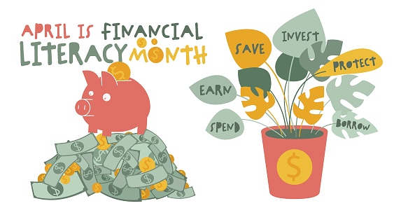 Financial literacy month. National event. Business success, personal finance education concept. Reviewing your attitude towards finances. Poster, print, banner. Editable vector illustration in flat style
