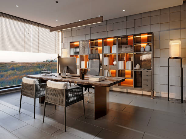 istock Loft style office with executive desk with two side chairs and a large shelving unit by the wall 1472569767