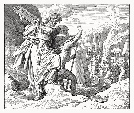 Moses breaking the Tablets of the Law (Exodus 32, 19). Wood engraving by Julius Schnorr von Carolsfeld (German painter, 1794 - 1872), published in 1860.