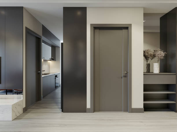 istock Modern entrance hallway in gray with shoe rack and mirror. 1472571702