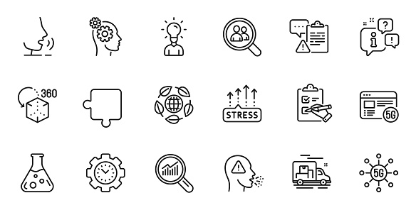 Outline set of Clipboard, Data analysis and Thoughts line icons for web application. Talk, information, delivery truck outline icon. Include Augmented reality, Stress grows, Eco organic icons. Vector