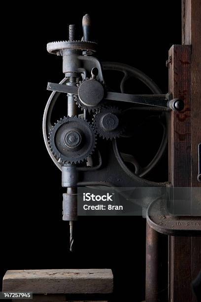 Antique Drill Press Stock Photo - Download Image Now - Antique, Black Background, Black Color