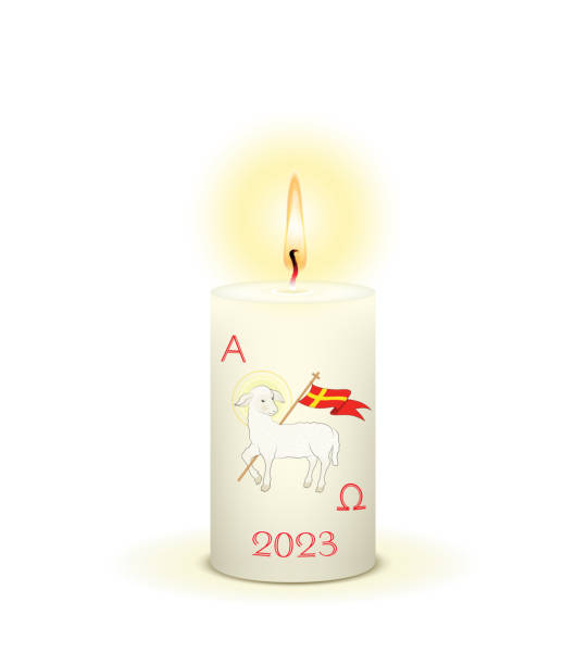 White burning Easter candle, with Easter lamb and Alpha Omega symbol,
Candle for Easter with the year 2023,
Vector illustration isolated on white background White burning Easter candle, with Easter lamb and Alpha Omega symbol,
Candle for Easter with the year 2023,
Vector illustration isolated on white background agnus dei stock illustrations