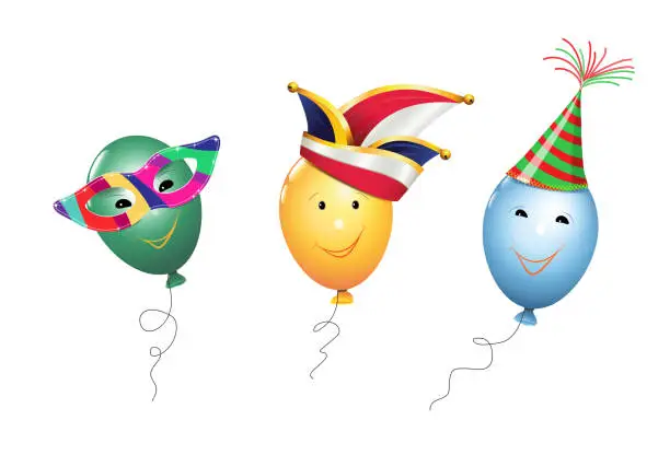 Vector illustration of Balloons with happy faces, with masks glasses and hat,
card template for carnival and other parties and celebrations,
Vector illustration isolated on white background