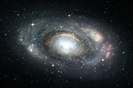 Space background with spiral galaxy and stars, 3D illustration