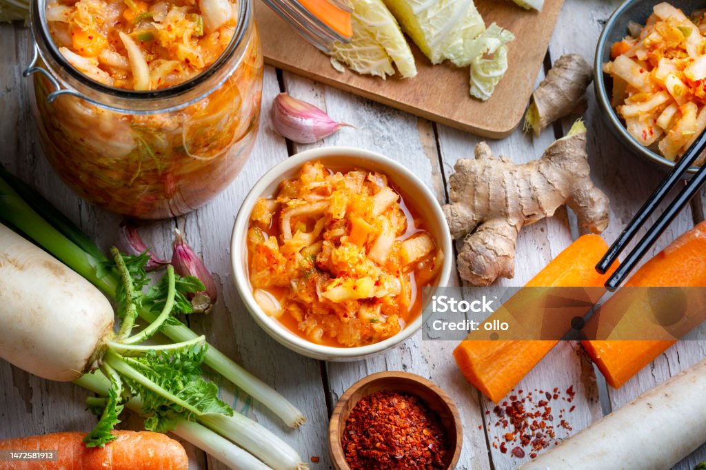 Homemade kimchee and glass jar Food Stock Photo