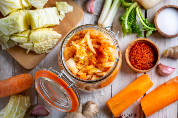 Homemade kimchee and glass jar