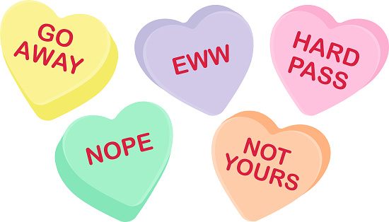 Candy heart sayings, bad sweethearts, anti valentines day sweets, sugar food message of hate on February 14 holiday, valentine graphic design clip art, stupid holiday, go away, hard pass, nope, funny
