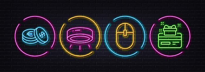 Computer mouse, Led lamp and Savings minimal line icons. Neon laser 3d lights. Loyalty card icons. For web, application, printing. Pc equipment, Spotlight illuminate, Cash coins. Bonus points. Vector