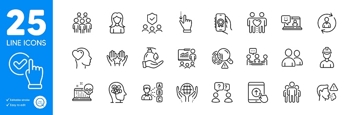 Outline icons set. Checkbox, Teamwork questions and Fingerprint icons. Group, Organic tested, Ranking web elements. Swipe up, Touchscreen gesture, Wash hands signs. Woman, Group people. Vector